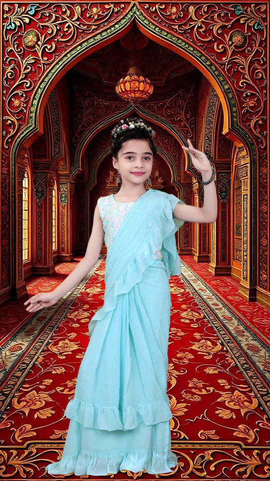 Aqua Blue Pre-Stitched Saree with Sequin Blouse