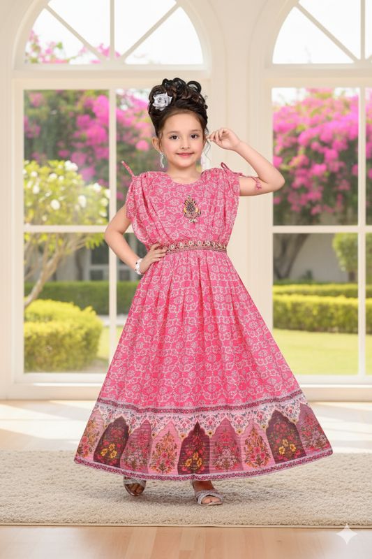 Pink Festive Maxi Dress with Cultural Print