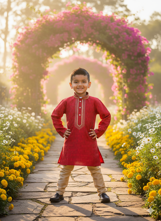 Red Printed Kurta with Beige Pyjama
