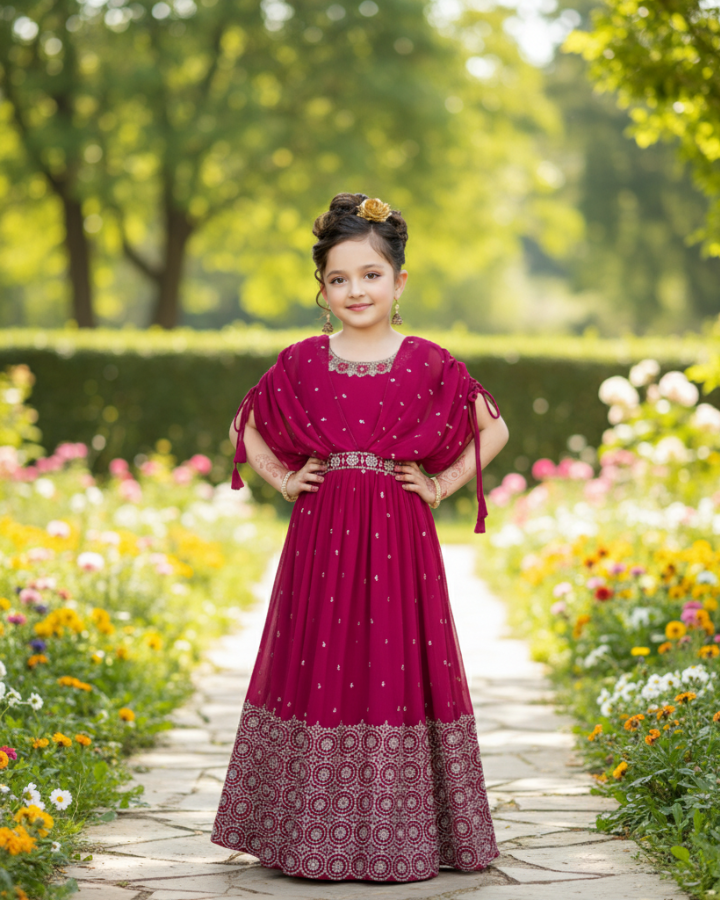 Maroon Floor-Length Kids Anarkali Dress