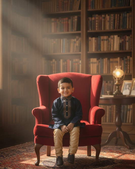 Navy Blue Printed Kurta and Gold Pyjama