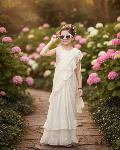 Off White Ruffled Saree Gown with Embellished Blouse