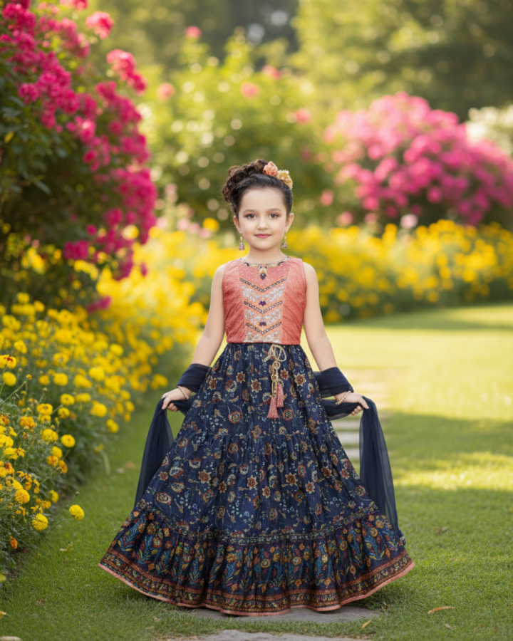 Pink and Blue Tiered Lehenga - Anarkali Style Gown
