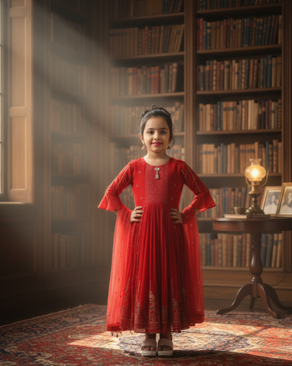 Red Embroidered Anarkali Gown with Bell Sleeves