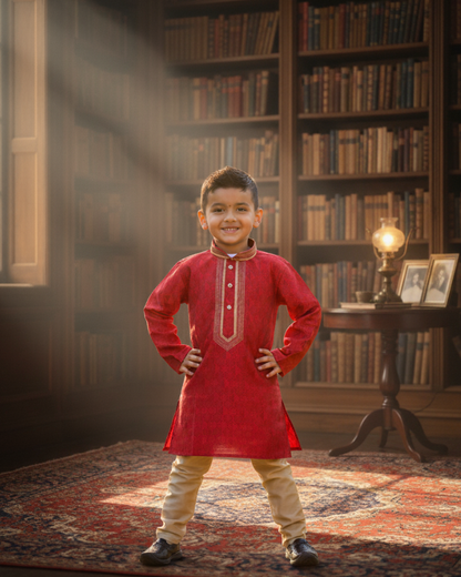 Red Printed Kurta with Beige Pyjama