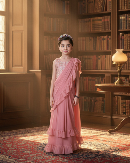 Baby Pink Ruffled Saree Gown with Embellished Blouse