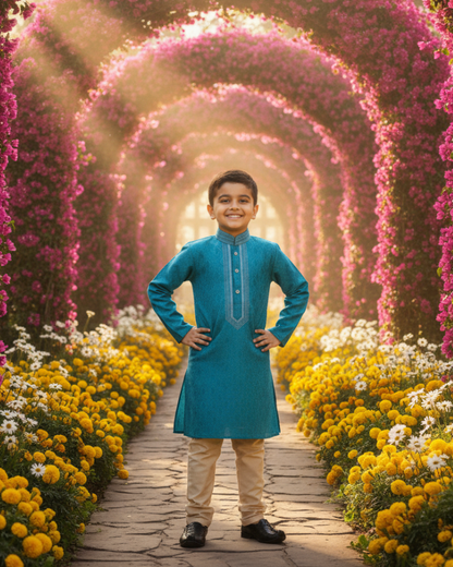 Sky Blue Jacquard Silk Kurta Pajama Set for Boys