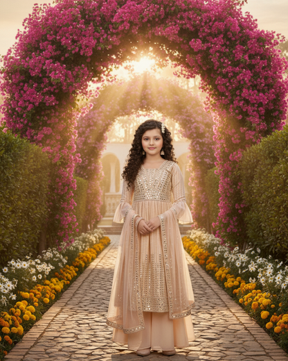 Golden Sequin and Pleated Anarkali Sharara Suit