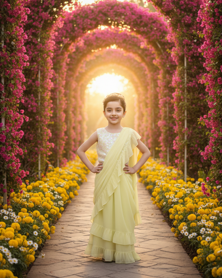 Lemon Yellow Ruffled Saree Gown with Embellished Blouse