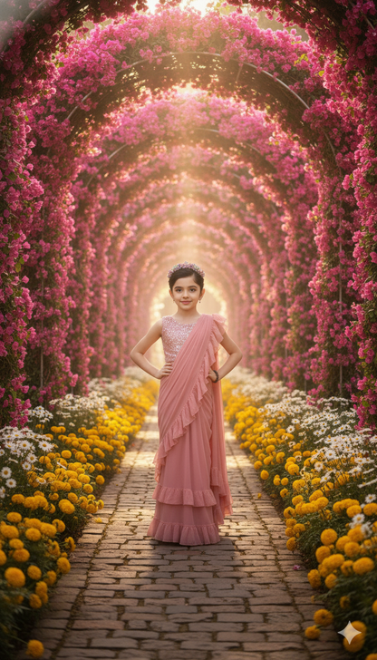 Baby Pink Ruffled Saree Gown with Embellished Blouse