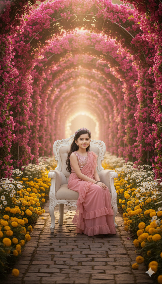 Baby Pink Ruffled Saree Gown with Embellished Blouse