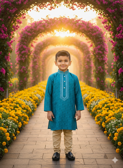 Sky Blue Jacquard Silk Kurta Pajama Set for Boys