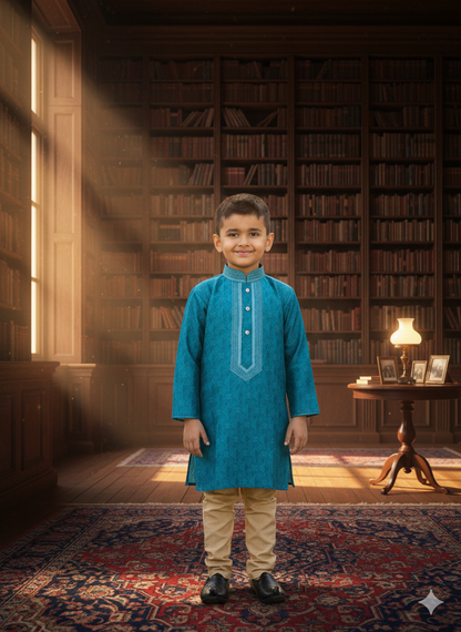 Sky Blue Jacquard Silk Kurta Pajama Set for Boys