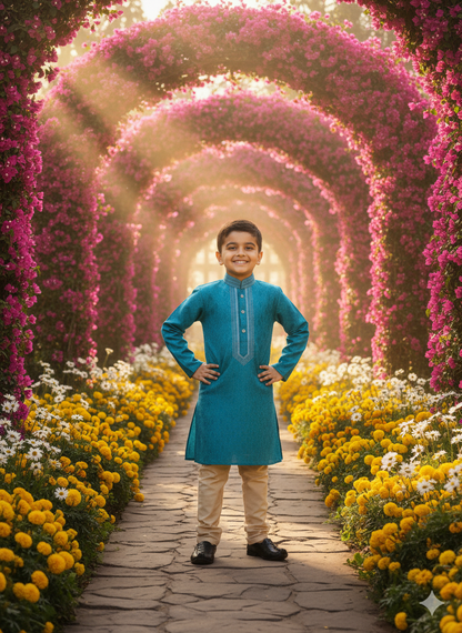 Sky Blue Jacquard Silk Kurta Pajama Set for Boys