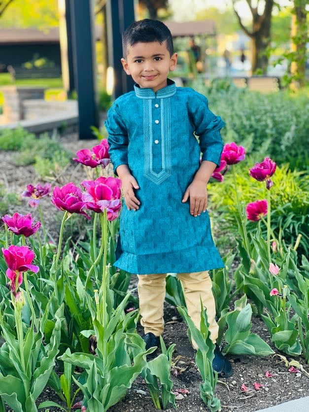 Sky Blue Jacquard Silk Kurta Pajama Set for Boys