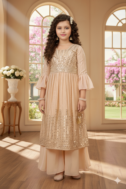 Golden Sequin and Pleated Anarkali Sharara Suit