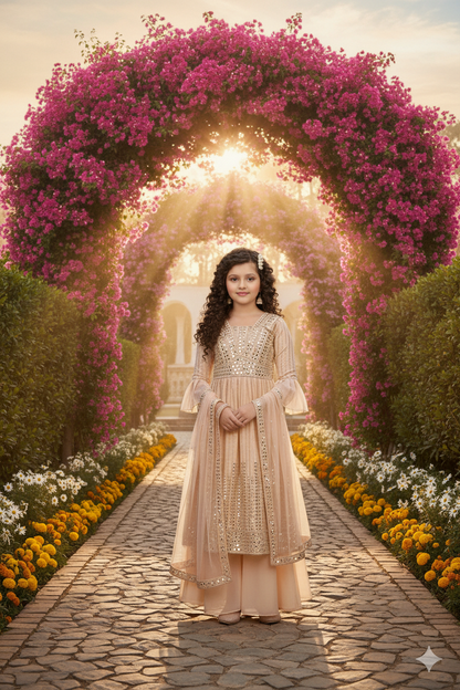 Golden Sequin and Pleated Anarkali Sharara Suit