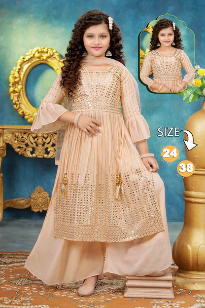 Golden Sequin and Pleated Anarkali Sharara Suit