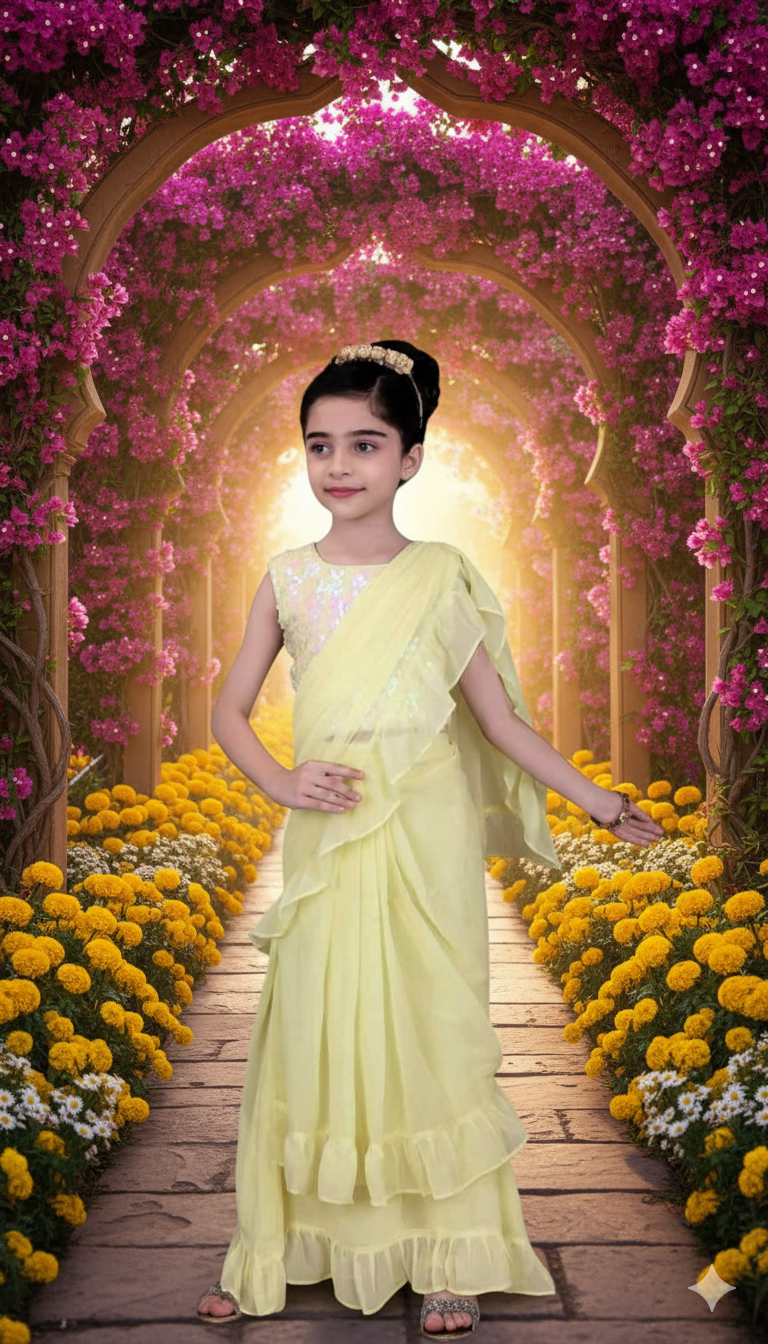 Lemon Yellow Ruffled Saree Gown with Embellished Blouse