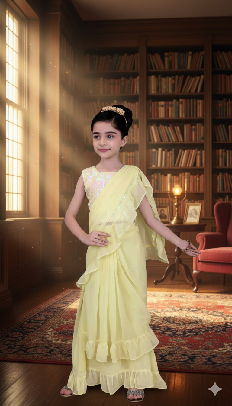 Lemon Yellow Ruffled Saree Gown with Embellished Blouse