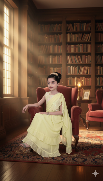 Lemon Yellow Ruffled Saree Gown with Embellished Blouse