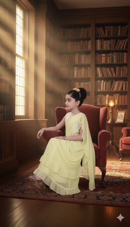 Lemon Yellow Ruffled Saree Gown with Embellished Blouse