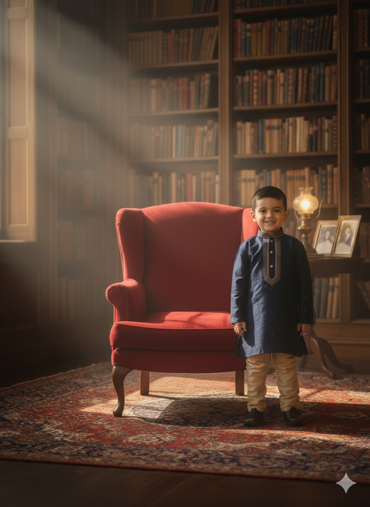 Navy Blue Printed Kurta and Gold Pyjama