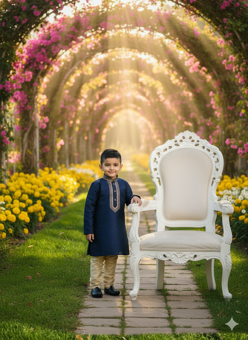 Navy Blue Printed Kurta and Gold Pyjama