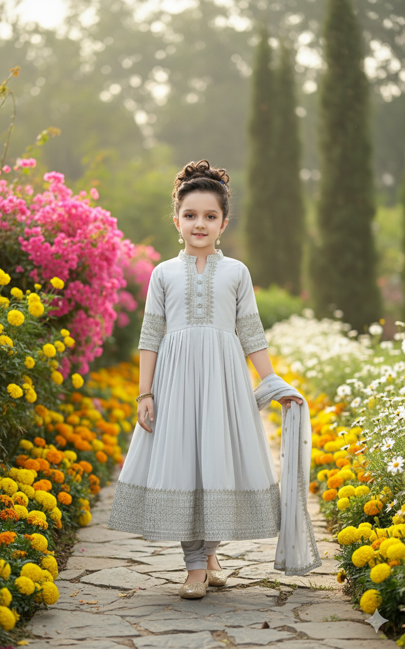 Off-white Churidar Anarkali Suit