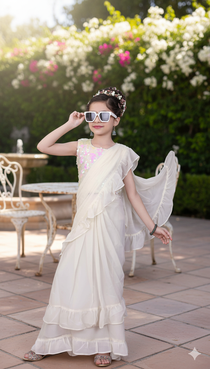 Off White Ruffled Saree Gown with Embellished Blouse