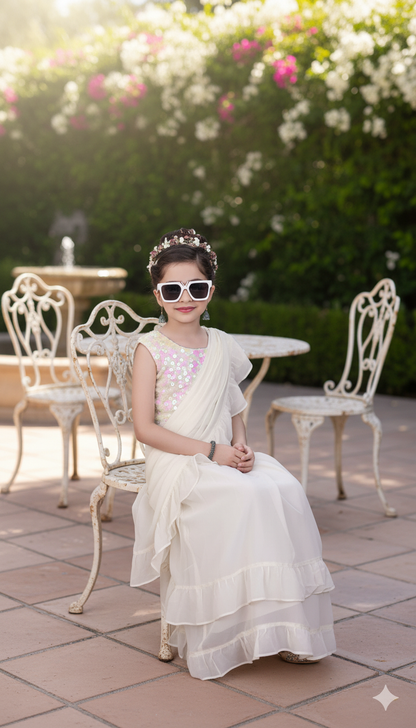 Off White Ruffled Saree Gown with Embellished Blouse
