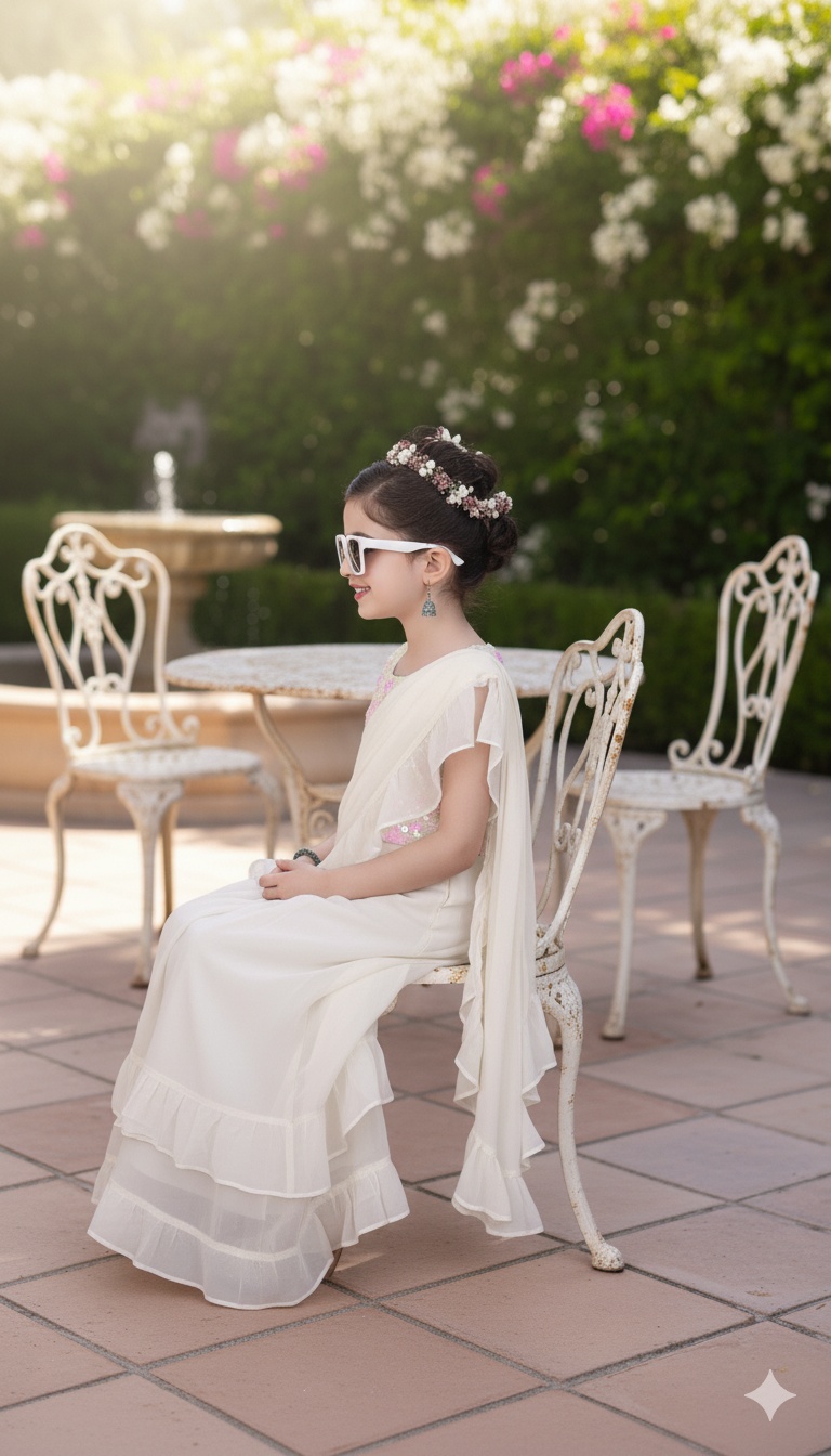 Off White Ruffled Saree Gown with Embellished Blouse