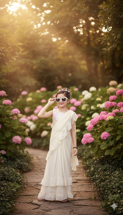 Off White Ruffled Saree Gown with Embellished Blouse