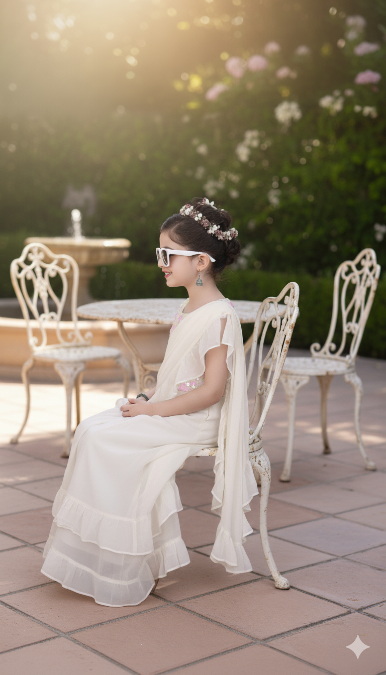 Off White Ruffled Saree Gown with Embellished Blouse