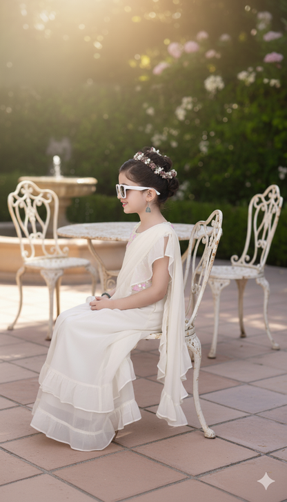 Off White Ruffled Saree Gown with Embellished Blouse