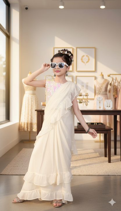 Off White Ruffled Saree Gown with Embellished Blouse
