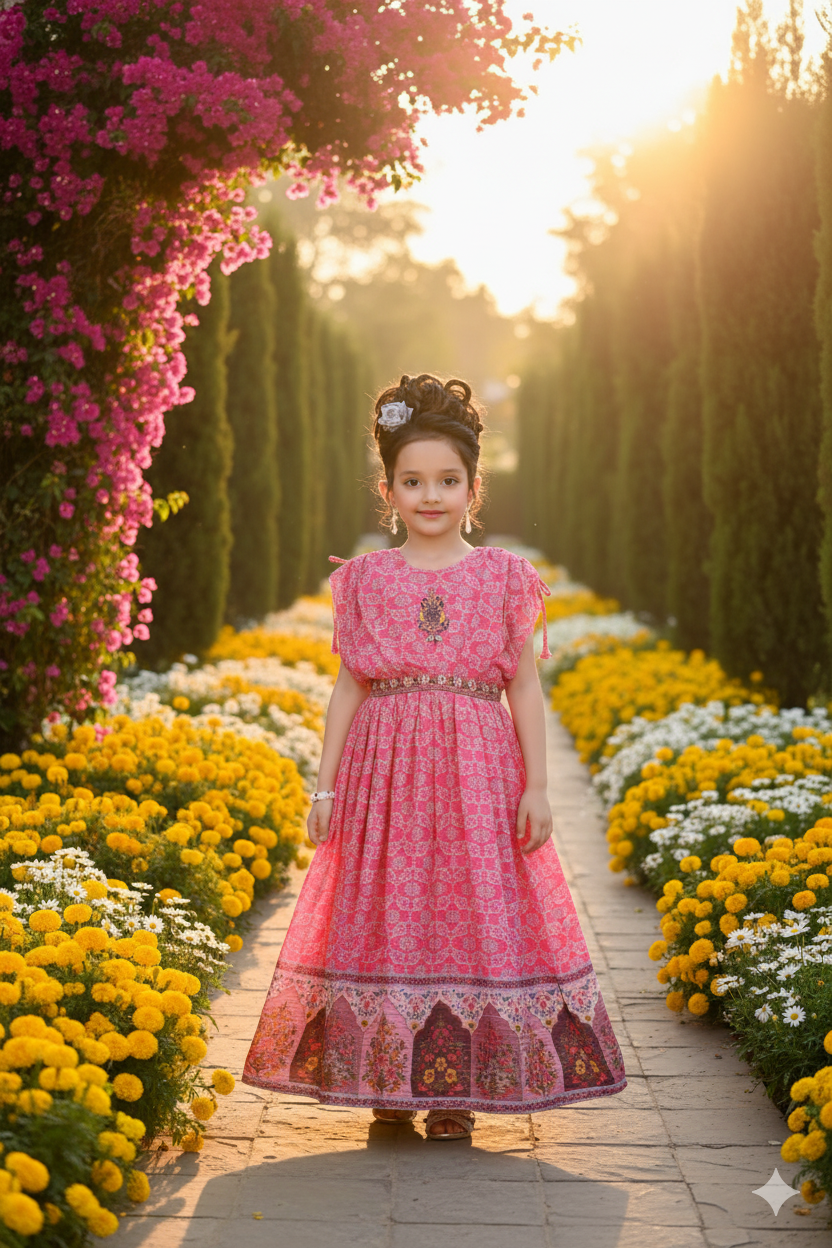 Pink Festive Maxi Dress with Cultural Print
