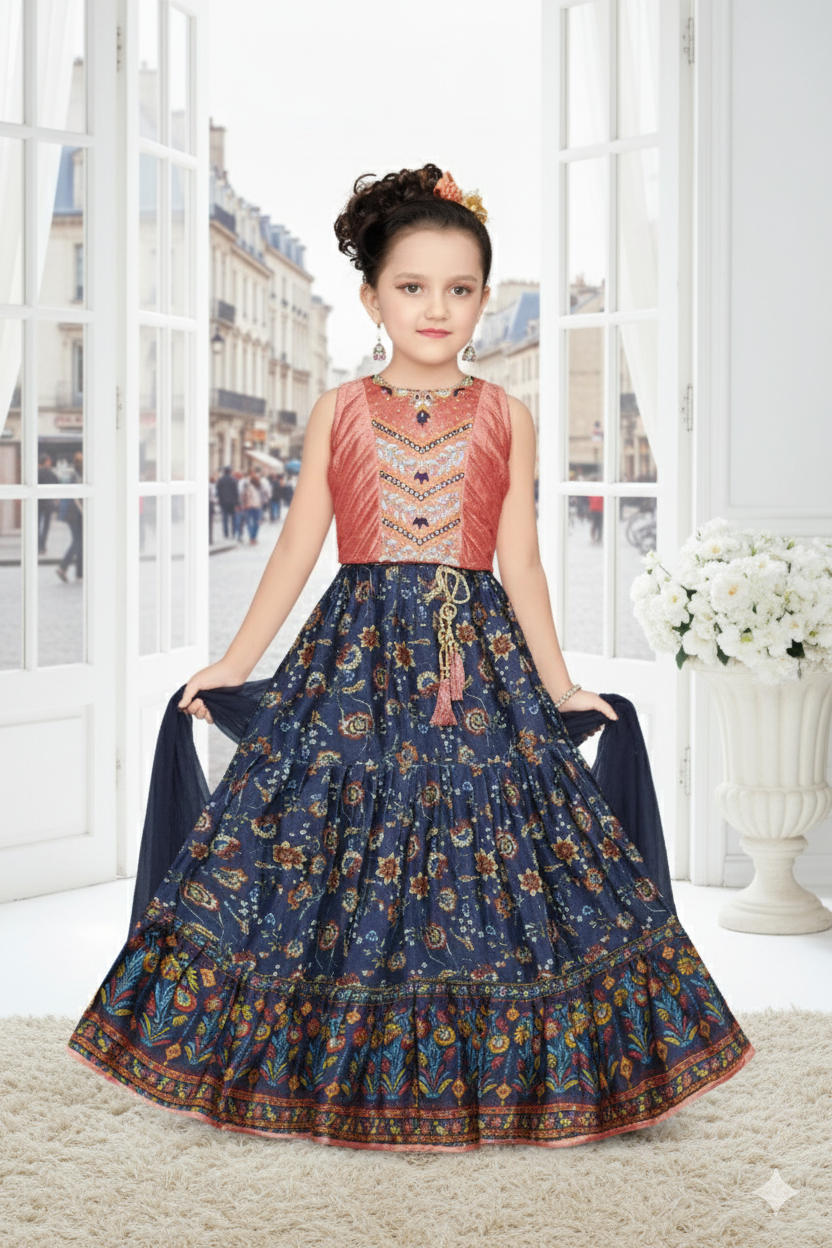 Pink and Blue Tiered Lehenga - Anarkali Style Gown