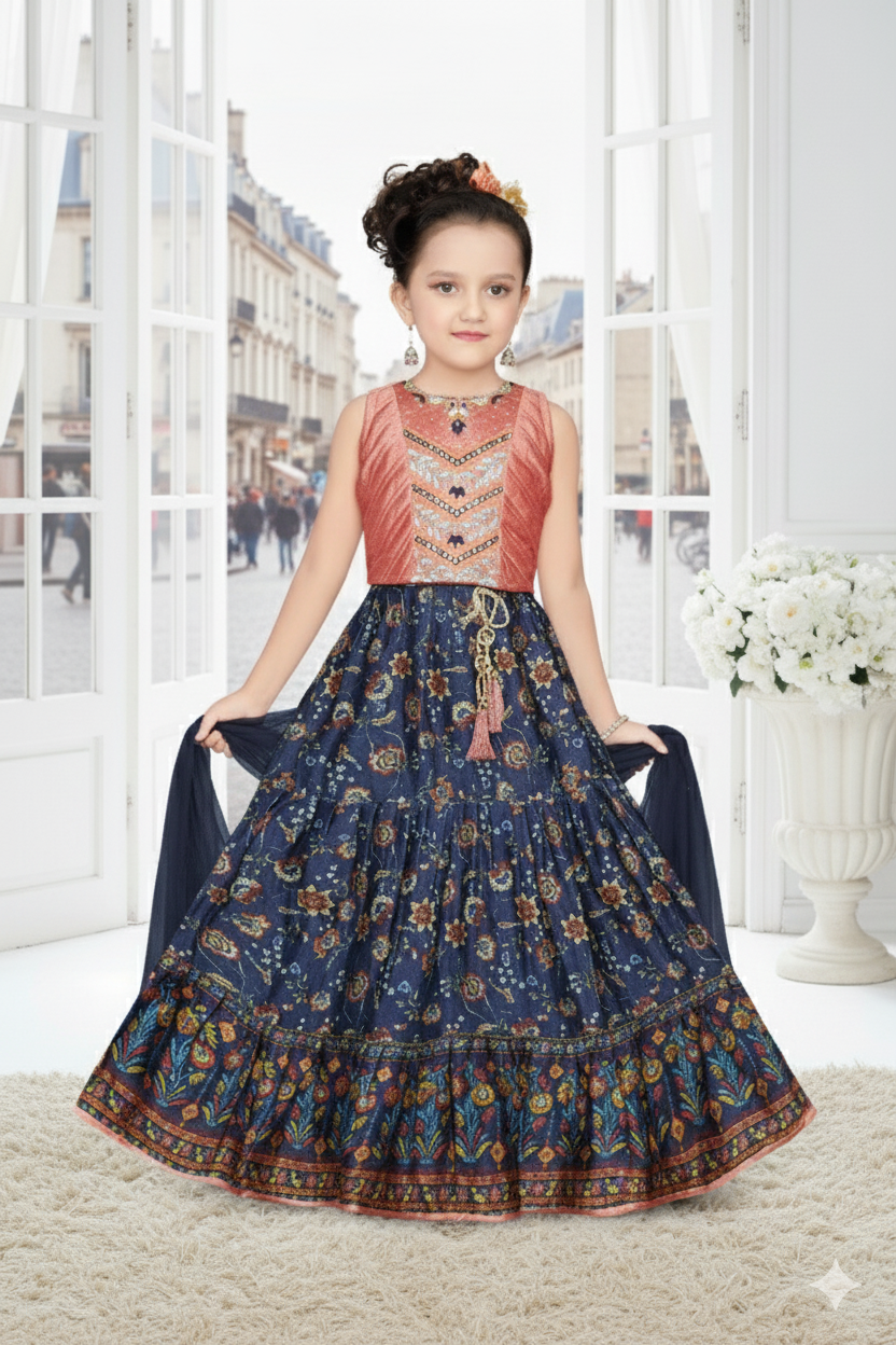 Pink and Blue Tiered Lehenga - Anarkali Style Gown