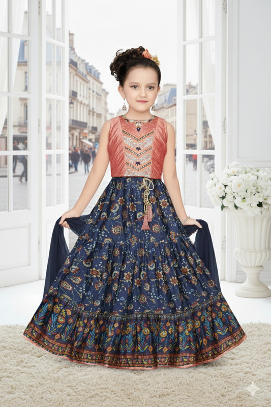 Pink and Blue Tiered Lehenga - Anarkali Style Gown