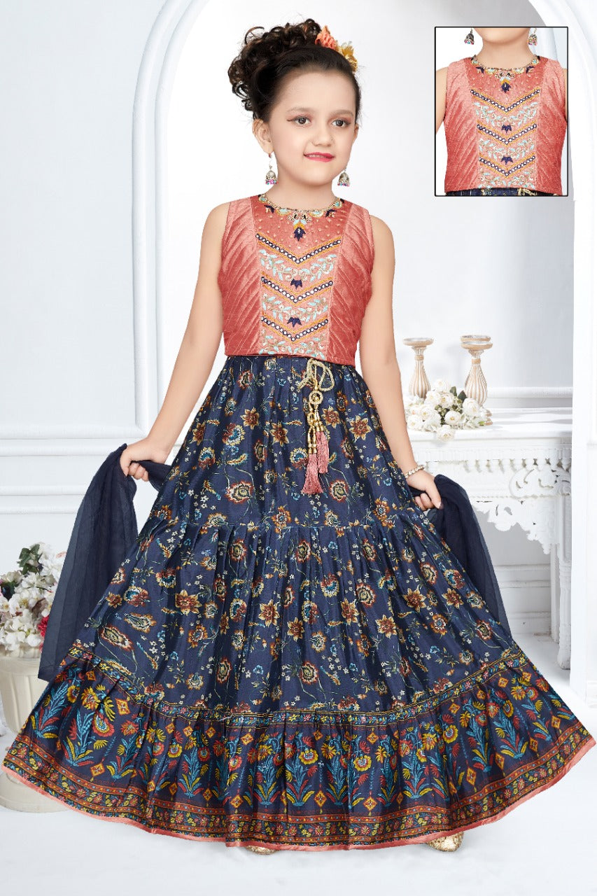 Pink and Blue Tiered Lehenga - Anarkali Style Gown