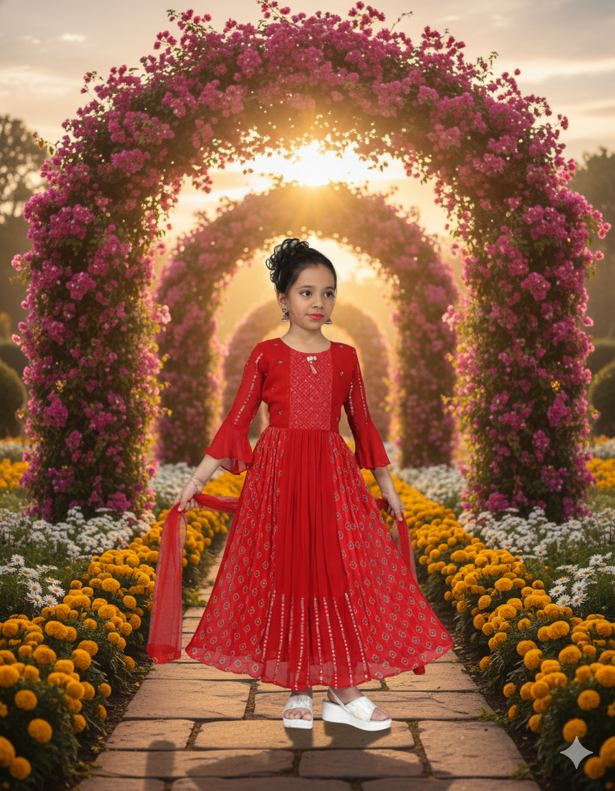 Red Embroidered Anarkali Gown with Bell Sleeves