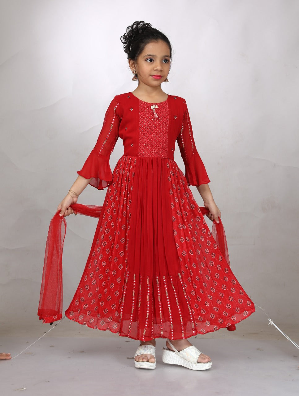 Red Embroidered Anarkali Gown with Bell Sleeves
