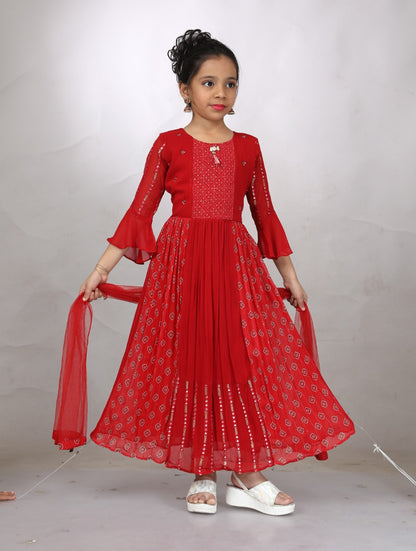 Red Embroidered Anarkali Gown with Bell Sleeves