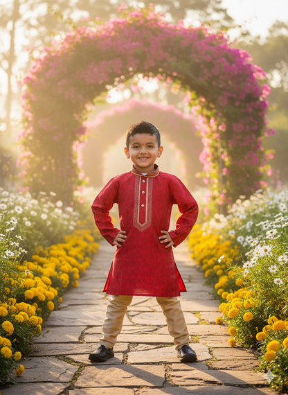 Red Printed Kurta with Beige Pyjama