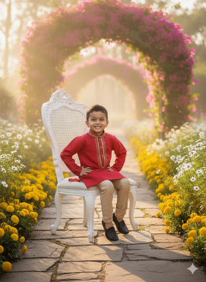 Red Printed Kurta with Beige Pyjama