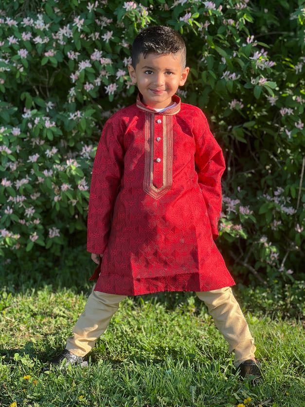 Red Printed Kurta with Beige Pyjama