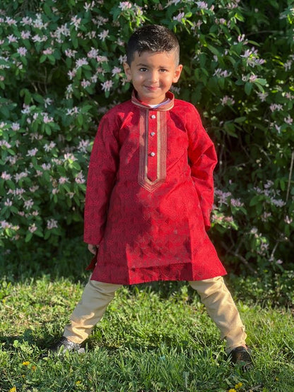 Red Printed Kurta with Beige Pyjama