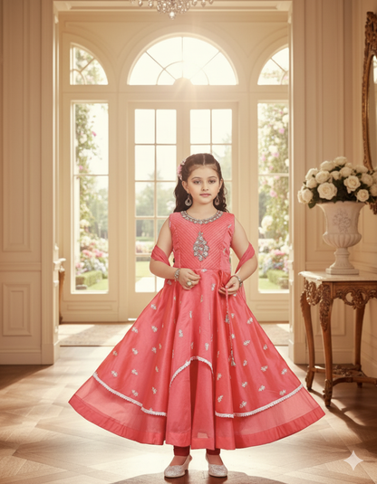 Royal Pink Tiered Indian Gown with Embroidery