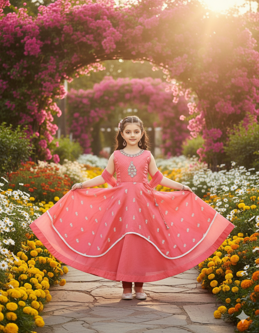 Royal Pink Tiered Indian Gown with Embroidery